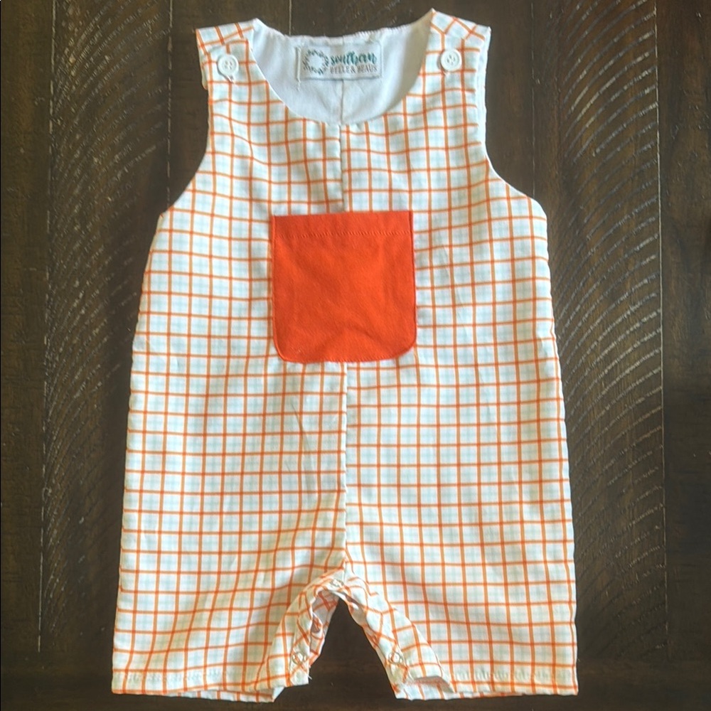 Orange Check Cotton Baby Romper with Orange Pocket
